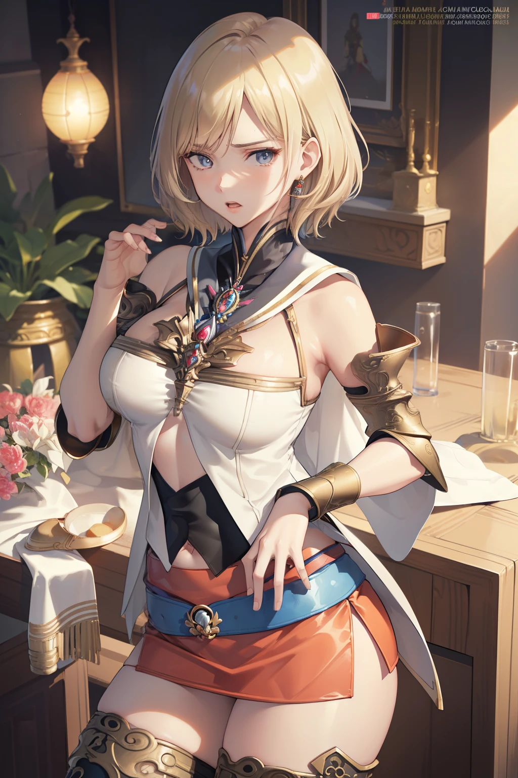 (the golden ratio,masutepiece, of the highest quality, Best Quality, Beautiful and aesthetic:1.2), ighly detailed, Colorful,highest details, (Adults,age19,1girl in, Solo, Final Fantasy 12,Ashelia, shorth hair, short-hair,Ashelia Costume, Colossal tits, a miniskirt,thigh high boots, thighs thighs thighs thighs, jewely,Contemptuous look,Eyes like looking at garbage, her hand lifts her skirt.,Show me your panties,trying to trample you