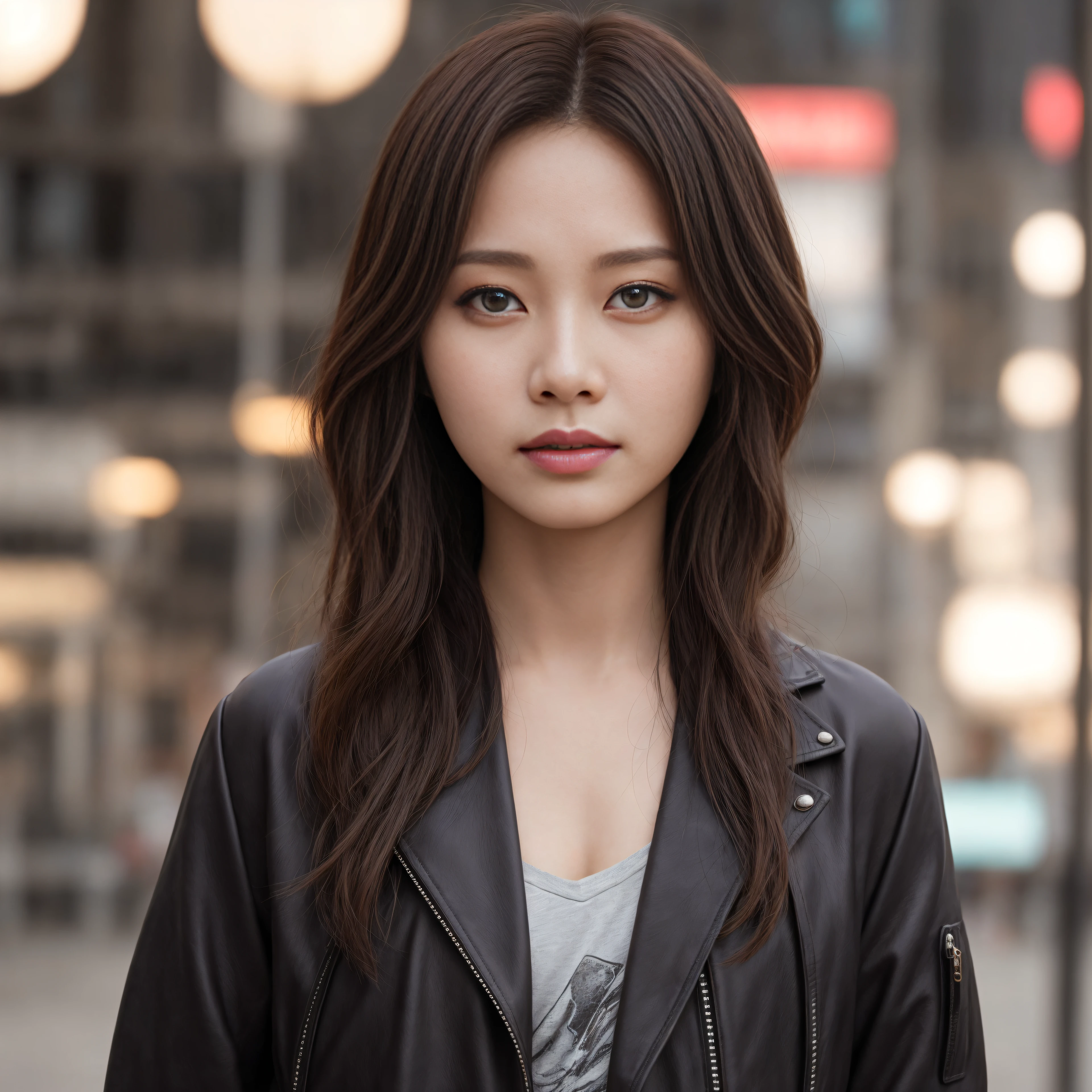 wearing leather jacket, hyper realistic lifelike texture dramatic lighting unreal engine trending on art station, award - winning photo, nikon RAW photo,8 K, Fuji XT3,masutepiece, Best Quality, Realistic, Photorealistic, Ultra-detail, extra detailed face, 独奏,1girl in, Standing, Fashionable and trendy atmosphere, High-end makeup products, and a stylish expression on her face, close up, T-shirt, Beautiful detailed girl, extremely detailed eye and face, beautiful detailed nose, Beautiful detailed eyes, Cinematic lighting, city light at night, Perfect Anatomy