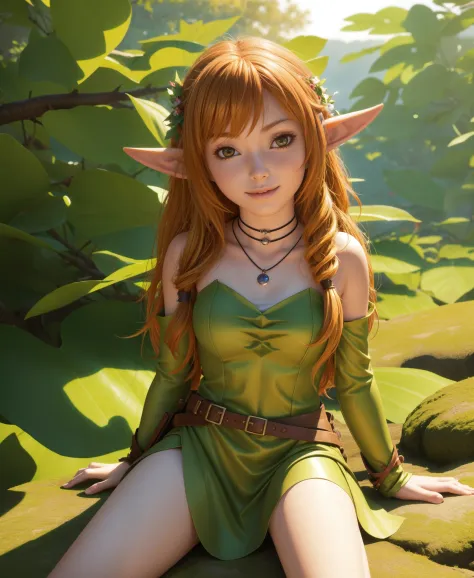 ELF EARS, LEAF COSTUME, GINGER HAIR, 1girl, solo, facing viewer, looking at viewer, smile,, detailed, analog style, RAW photo,be...