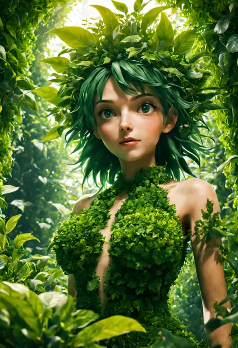 (Plant Girl, Plant Girl theme:1.4), nature, nature theme, ghibli art, (best composition), ultra-wide-angle, octane render, enhan...
