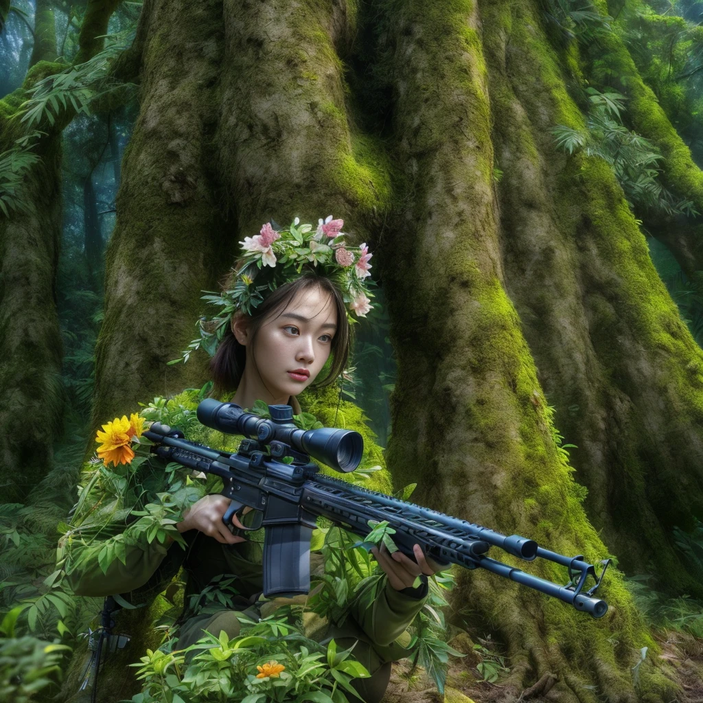 middle，(a girl made of fresh，Holding a sniper rifle made of plants and aiming at the target，Sniper rifle made from green plants，Body covered with flowers and plants，plant high heels，Plant hair，Plant clothes），blossoms，age-old tree，ln the forest，（globalillumination、Ray traching、HDR、Unrealistic rendering、Rational design、tmasterpiece、best qualtiy、hyper HD、cinmatic lighting，anatomy correct，Beautiful girl facial features，Anatomically correct and precise facial structure, detailed facial depiction, and delicate facial features.）