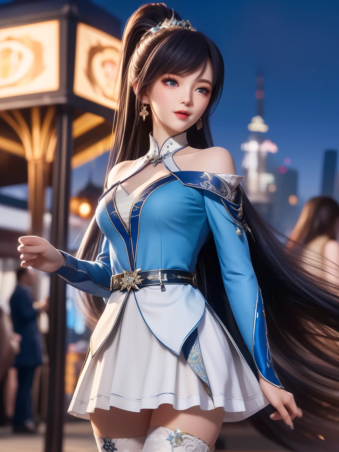 1girl, long hair, dress,hair ornament, cityscape, night, thighhighs, high collar,white skirt,ponytail, cowboy shot, long sleeves, belt,blue eyes,makeup,(best quality, masterpiece1.2), intricate detail, depth of field, 20 years old girl, off shoulder, night, festival, Amusement parks,, standing, Excited, hi