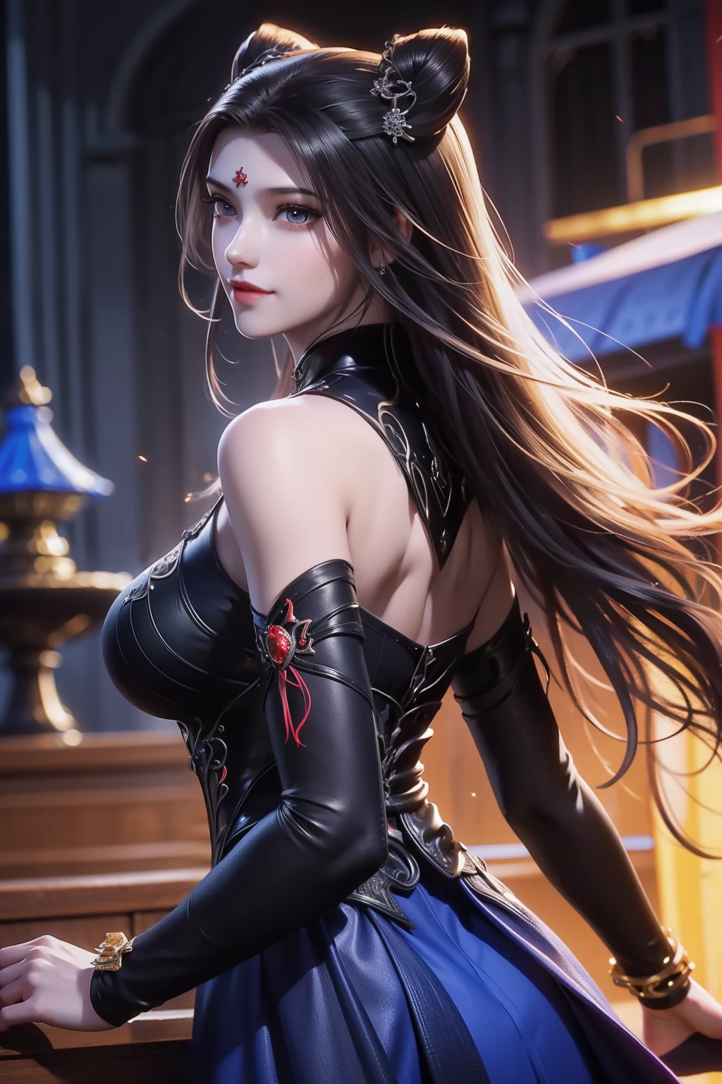 a close up of a woman in a black and red outfit, a beautiful fantasy empress, ((a beautiful fantasy empress)), xianxia fantasy, by Yang J, full body xianxia, game cg, fantasy art style, inspired by Li Mei-shu, xision wu, loong, beautiful elegant demon queen, yun ling, digital fantasy art ) UHD, retina, masterpiece, ccurate, anatomically correct, textured skin, super detail, high quality, award winning, best quality, highres, HD, 16k, full body,masterpiece, best quality, highres, chi1, 1girl, long hair, one side up, solo, bracelet, bangs, bare shoulders, blue shirt, floral print, short sleeves, off-shoulder shirt, frills, blue skirt, amusement park, waving, smile,