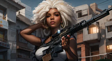 there is a woman holding a gun in front of a building, there is a woman holding a gun in front of a building, digital art by Jorge Jacinto, Artstation, afrofuturism, rob rey, extremely high quality artwork, beautiful artwork, stunning artwork, full art ill...