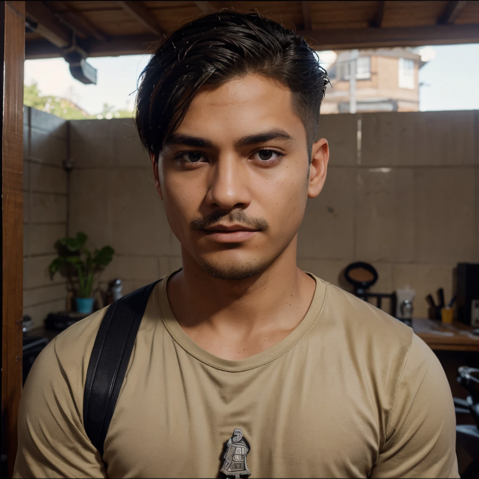 Arafed man with a backpack standing in a kitchen - SeaArt AI