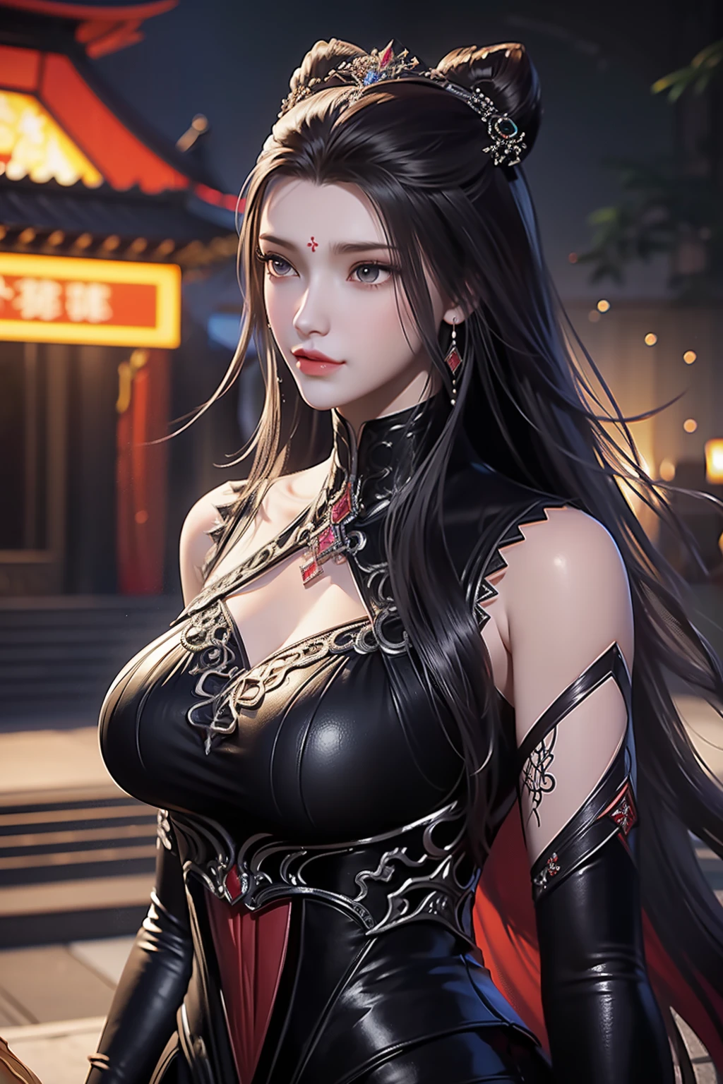 a close up of a woman in a black and red outfit, a beautiful fantasy empress, ((a beautiful fantasy empress)), xianxia fantasy, by Yang J, full body xianxia, game cg, fantasy art style, inspired by Li Mei-shu, xision wu, loong, beautiful elegant demon queen, yun ling, digital fantasy art ) UHD, retina, masterpiece, ccurate, anatomically correct, textured skin, super detail, high quality, award winning, best quality, highres, HD, 16k, full body,araffe asian woman with long dark hair and white top, jaeyeon nam, gorgeous young korean woman, lee ji - eun, lee ji-eun, (best quality, masterpiece1.2), intricate detail, depth of field, 20 years old girl, off shoulder, night, festival, Amusement parks,, standing, Excited, hi