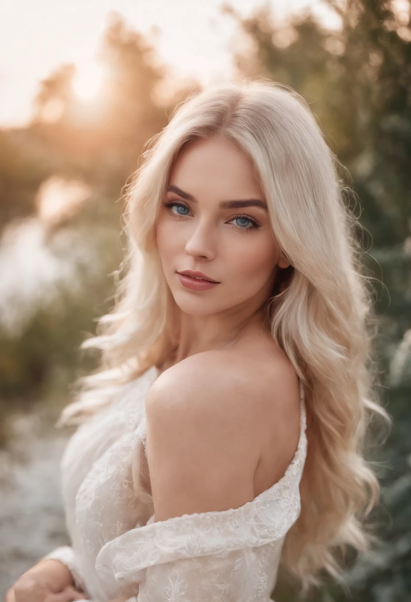 A woman with blonde hair and blue eyes posing for a photo - SeaArt AI