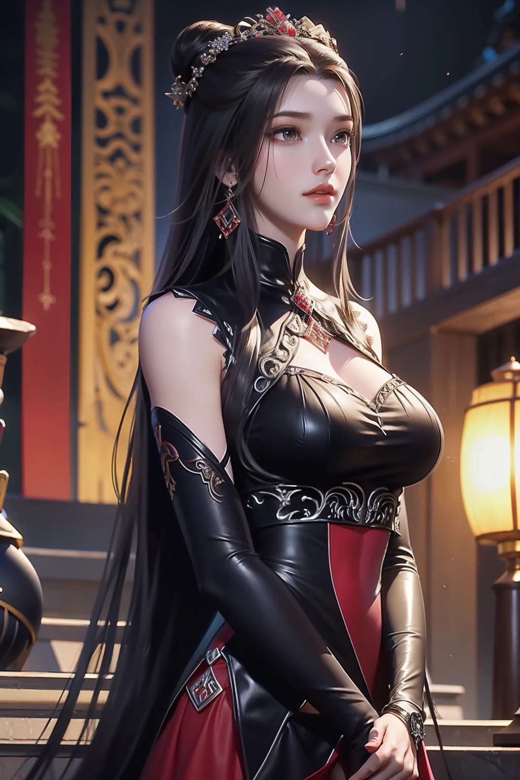 a close up of a woman in a black and red outfit, a beautiful fantasy empress, ((a beautiful fantasy empress)), xianxia fantasy, by Yang J, full body xianxia, game cg, fantasy art style, inspired by Li Mei-shu, xision wu, loong, beautiful elegant demon queen, yun ling, digital fantasy art ) UHD, retina, masterpiece, ccurate, anatomically correct, textured skin, super detail, high quality, award winning, best quality, highres, HD, 16k, full body,araffe asian woman with long dark hair and white top, jaeyeon nam, gorgeous young korean woman, lee ji - eun, lee ji-eun, (best quality, masterpiece1.2), intricate detail, depth of field, 20 years old girl, off shoulder, night, festival, Amusement parks,, standing, Excited, hi