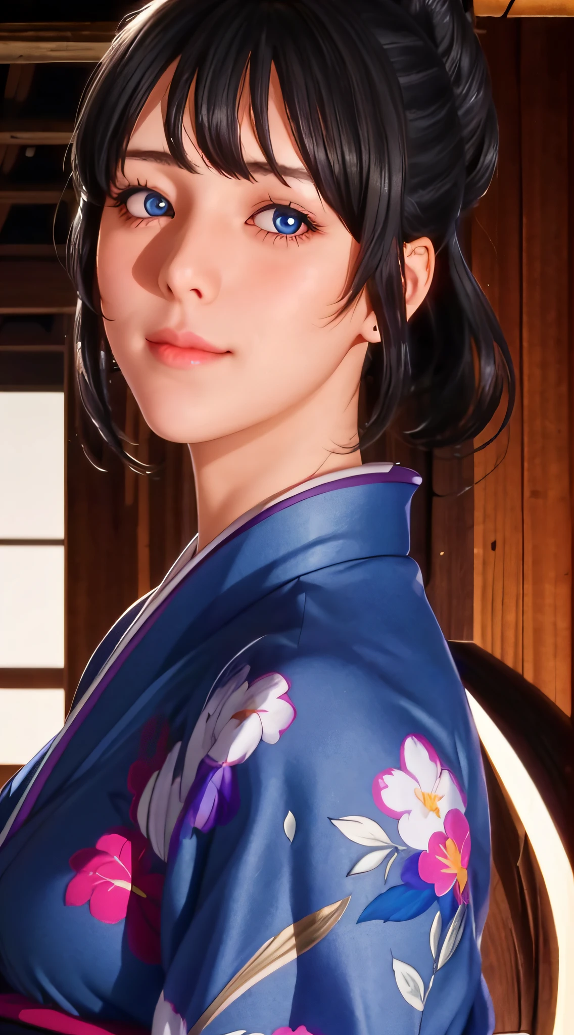 （（（black hair color hair, Short hair details, through bangs, hair-bun, hori&#39;tas&#39;It&#39;s great to be single, eBlue eyes,Japanese clothes, blue kimono, bathrobe, Flowers, Sash, inner strength, longer sleeves, Wide sleeves,Big crotch，S-shaped body:1.5））），((tmasterpiece)),A high resolution, ((Best quality))，tmasterpiece，top-quality，Best quality at best，（（（ exquisite facial features，looking at viewert,There is light in the eyes，Smilingly，self-assured ））），（（（Light and shadow interlace，The large））），（（（dynamicposes, 1 girl, (complete figure:0.9), Alone,, sexy women,Body contours，Raised sexy，Realistic silhouette of human body， ((good body)),Girl posing for photo，Full body lesbian，24 years old female model，perfect foot、have perfect arms,Onsen background，inns，hot springs，Close-up bust shot，upperbody closeup )）））