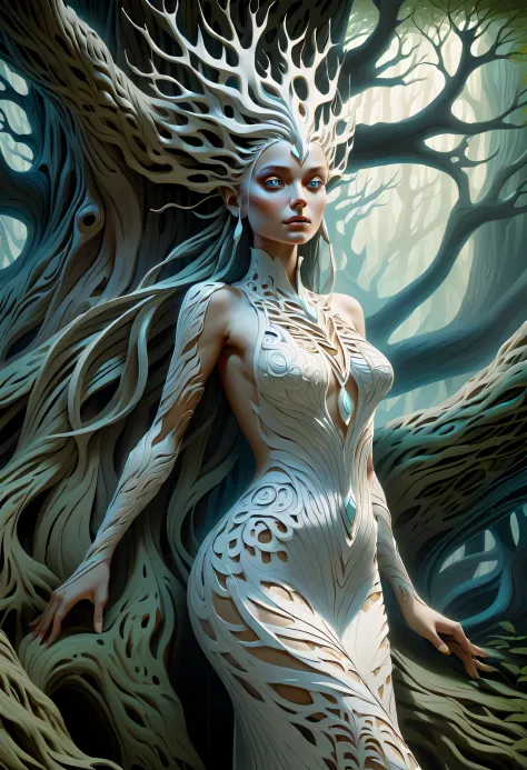 Stunning woman with smooth fusion, Pale skin fused with towering trees., The smoothness of her skin contrasts with the rough bar...