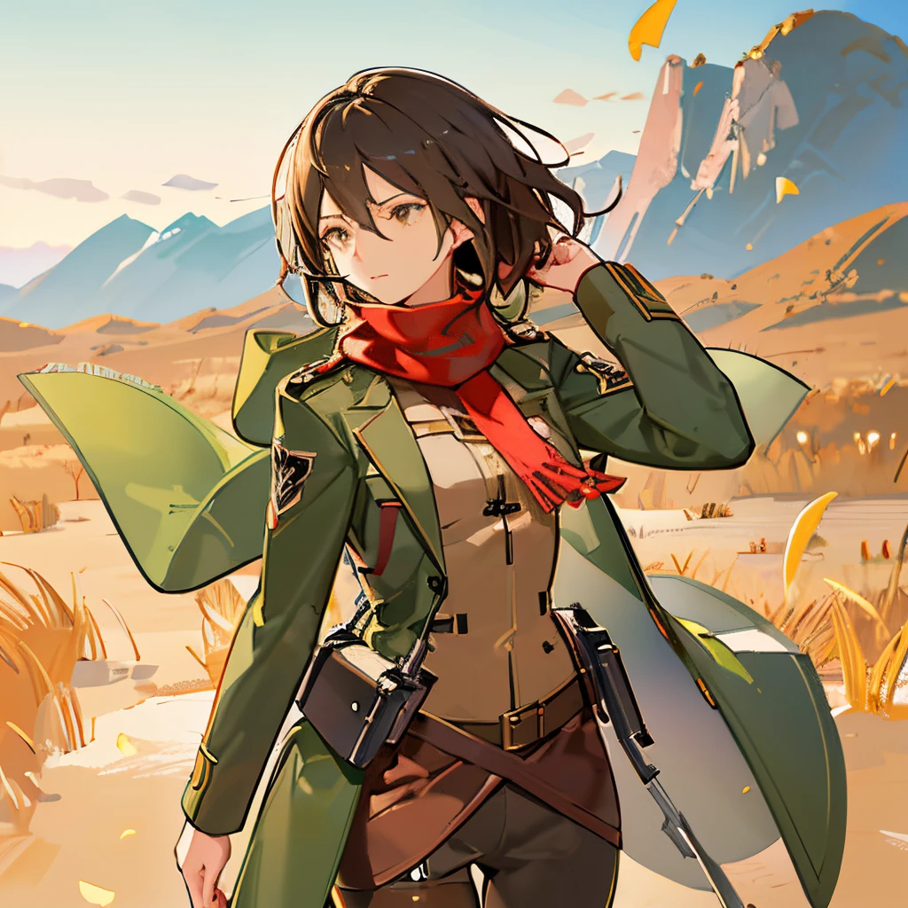 Uniforme del regimiento de exploradores: Mikasa se ve a menudo con el reconocible uniforme de Survey Corps.. Un equipado, chaqueta verde oliva con el emblema de Survey Corps en el hombro, combinado con pantalones marrones ajustados.
Equipos de maniobra vertical: Equípala con el equipo de maniobra vertical., Completo con botes de gas y ganchos de agarre.. El equipo agrega un elemento dinámico y listo para la acción a su diseño..
bufanda roja: La bufanda roja característica de Mikasa se puede colocar alrededor de su cuello., simboliza su conexión con Eren y sirve como un guiño a su pasado..
Cabello trenzado rayo: El peinado de Mikasa se distingue por su largo, pelo negro y liso, a menudo atado en un apretado, trenza gruesa. Considere agregar un toque de efecto de viento para transmitir una sensación de movimiento..
Capa Overtop verde oliva: Para agregar estilo a su uniforme, un flujo, capa verde oliva que ondea con el viento mientras se mueve, agregando un toque de dramatismo a su personaje.
expresión enfocada: Captura la expresión concentrada y decidida de Mikasa., enfatizando su naturaleza fuerte y protectora.mqmf sexy,mejor calidad,de pie