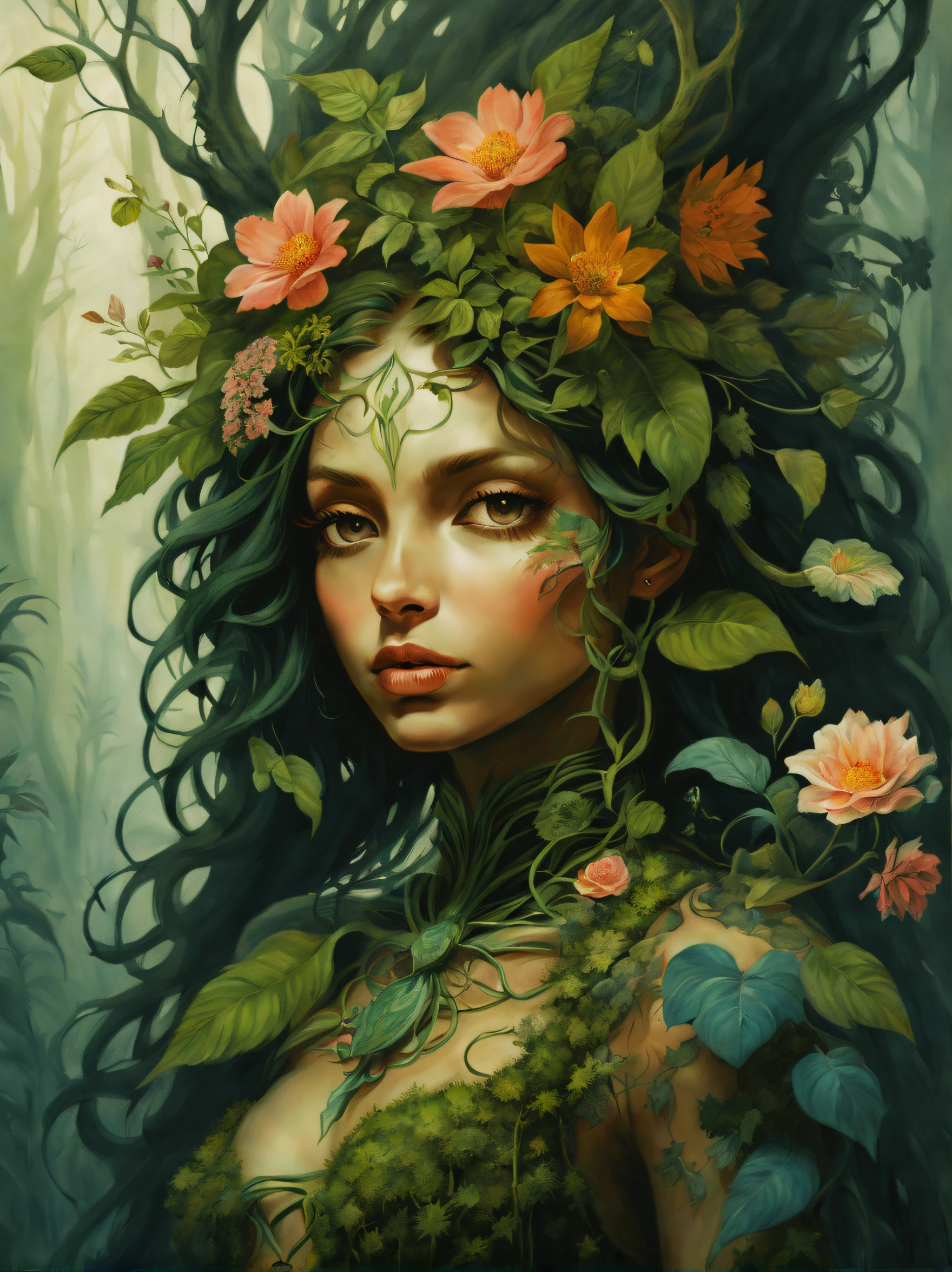 painting in the style of 梅花卡布拉爾, 画一个生物, 我们将一个女孩和不同的植物和花卉结合起来, 植物的葉子和樹枝構成了女孩的身體, 女孩的枝條上長著葉子和花朵&#39;用你的頭, 关于那个女孩&#39;他的身上长满了缠绕植物的美丽花朵., 把女孩種植在長滿青苔的森林裡, 可愛的臉孔, 詳細的女孩臉, 非常詳細, 魔法世界, 梅花卡布拉爾, 傑拉德·布羅姆