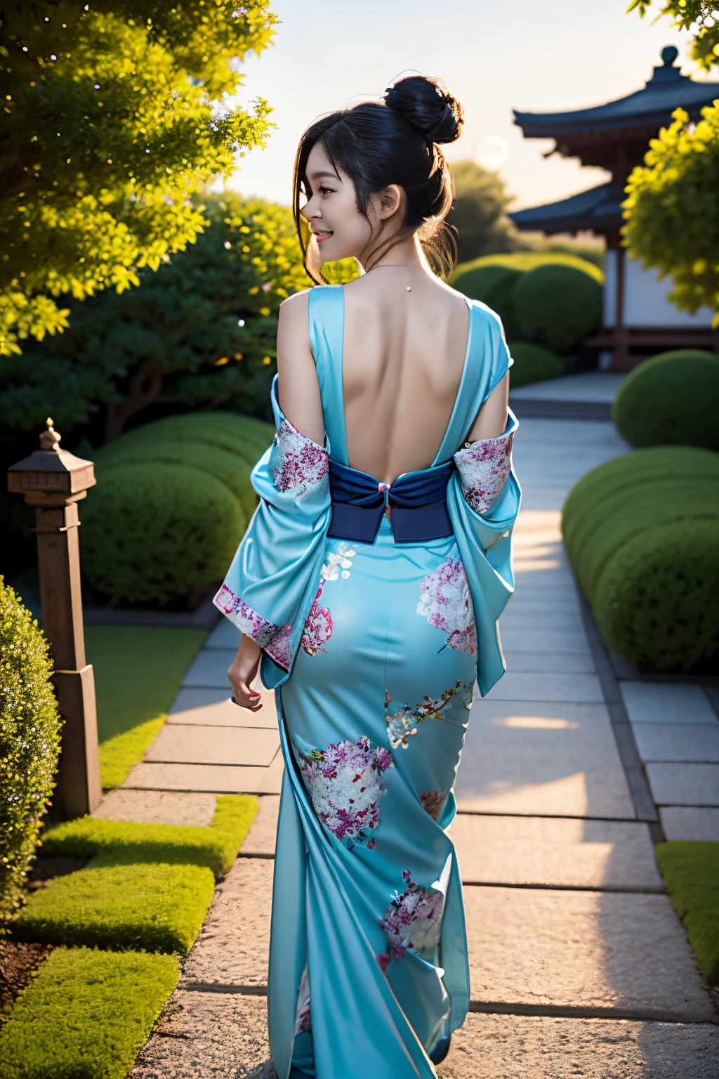 Unter dem faszinierenden Mondlicht, in einem ruhigen japanischen Garten, eine schöne Frau in einem teilweise geöffneten Kimono enthüllt ihre eleganten Schultern und ihren Rücken. Ihr zurückhaltender und doch verführerischer Blick ist voller verborgener Geheimnisse. Während sie anmutig den Gartenweg entlang schlendert, Sie hält gelegentlich inne, um dem Mond ein flüchtiges Lächeln zuzuwerfen. Das sanfte Licht der traditionellen Laternen schafft eine zauberhafte Atmosphäre, während ihr locker gebundenes Haar sanft weht, noch mehr Eleganz und Anziehungskraft.