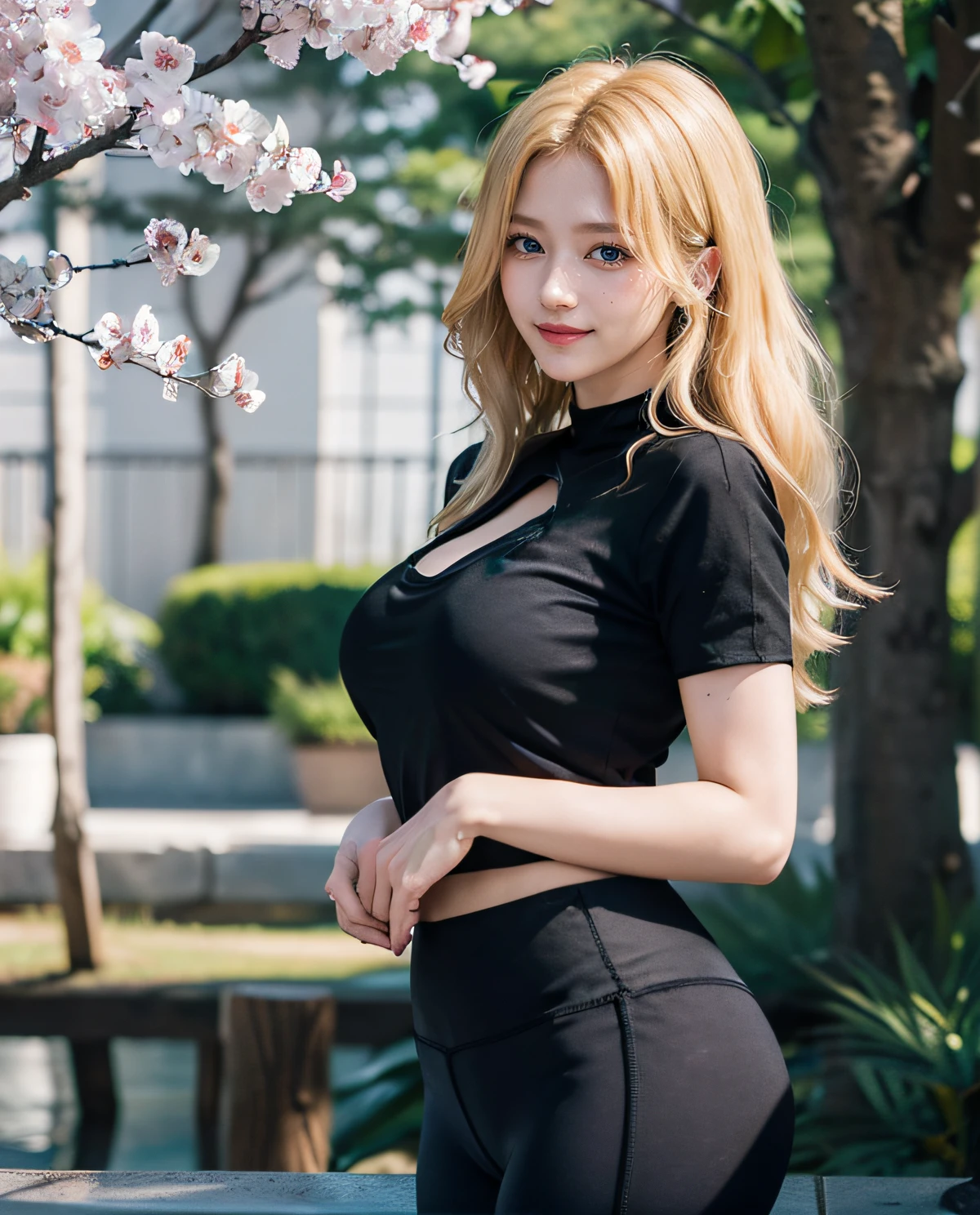 A woman in a black top and black pants posing for a picture - SeaArt AI