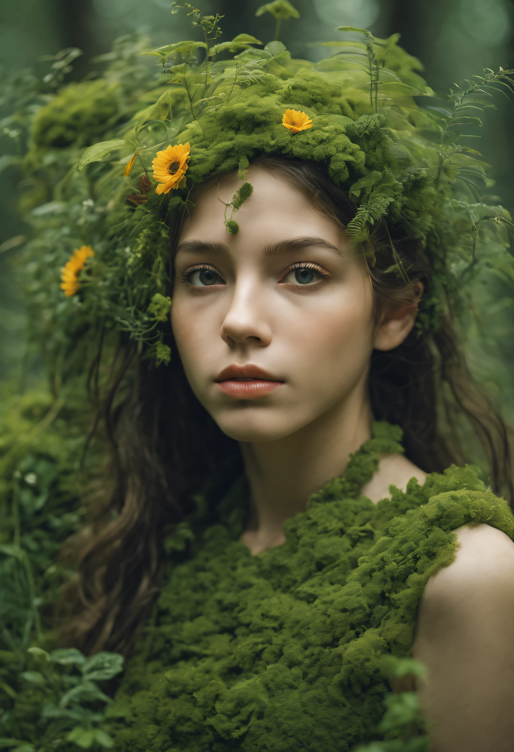 invente uma criatura, conectando uma garota com diferentes plantas e flores, folhas e galhos de plantas formam o corpo de uma menina, menina pequena&#39;o corpo humano consiste inteiramente de plantas, A menina tem galhos com folhas e flores crescendo&#39;Com sua cabeça, Lindas flores crescem no corpo da menina a partir de plantas entrelaçadas..., Plante a garota na floresta coberta de musgo, garota planta, crescendo em um prado coberto de musgo, rosto fofo, rosto de menina detalhado, alto detalhe, pose completa, corpo todo, mundo mágico, Mundo de conto de fadas, Surrealismo, foto realista, Foto cinematográfica