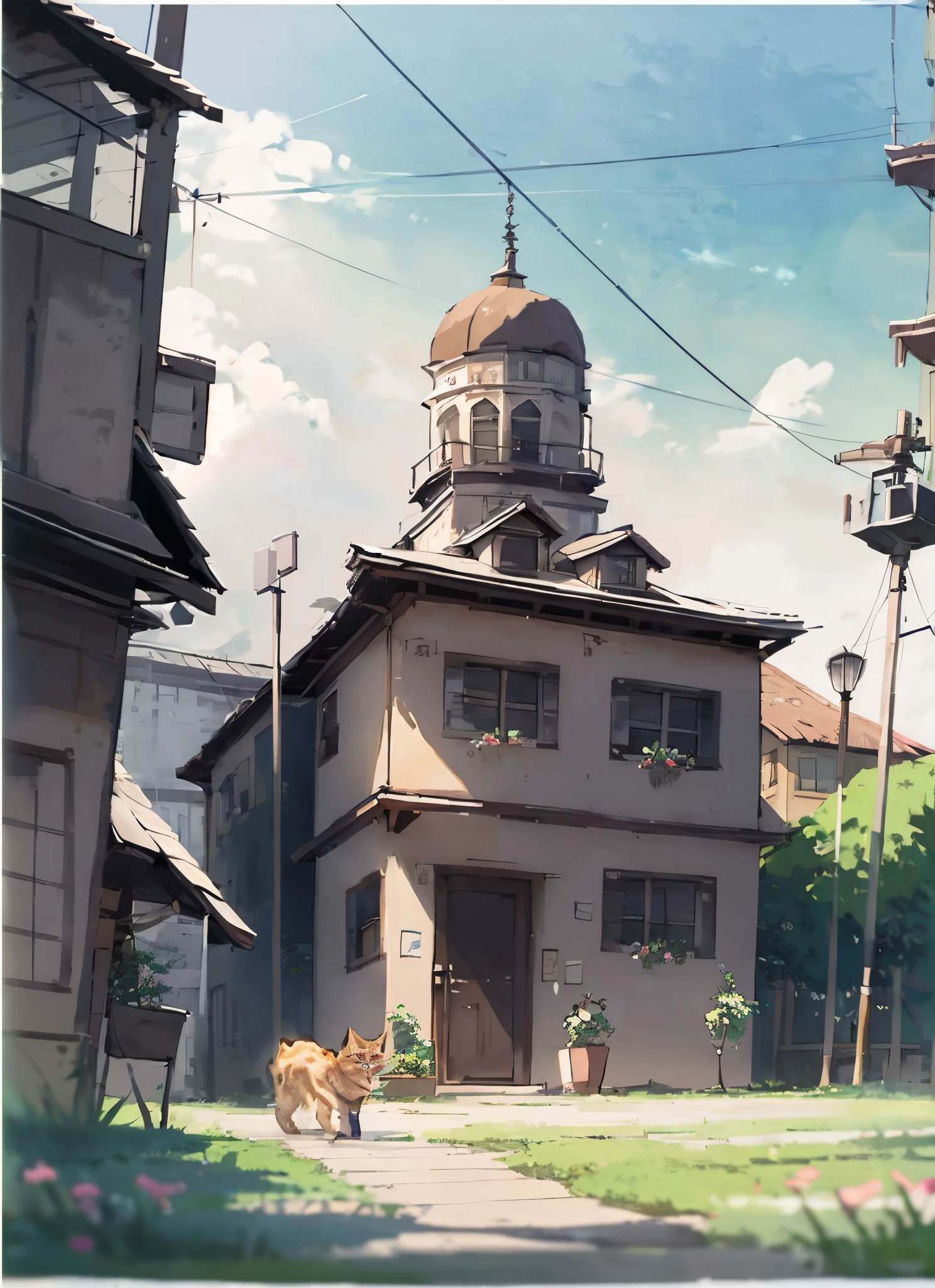 Anime style picture of a cat walking in front of a building, Another dog is resting，drawn in anime painter studio, Makoto Shinkai's style, Estilo de Makoto Shinkai, Small town background, In Studio Ghibli style, Produced by Anime Painter Studio, anime style cityscape, ( ( Shinkai sincerely ) ), studio glibly makoto shinkai, Anime landscape concept art