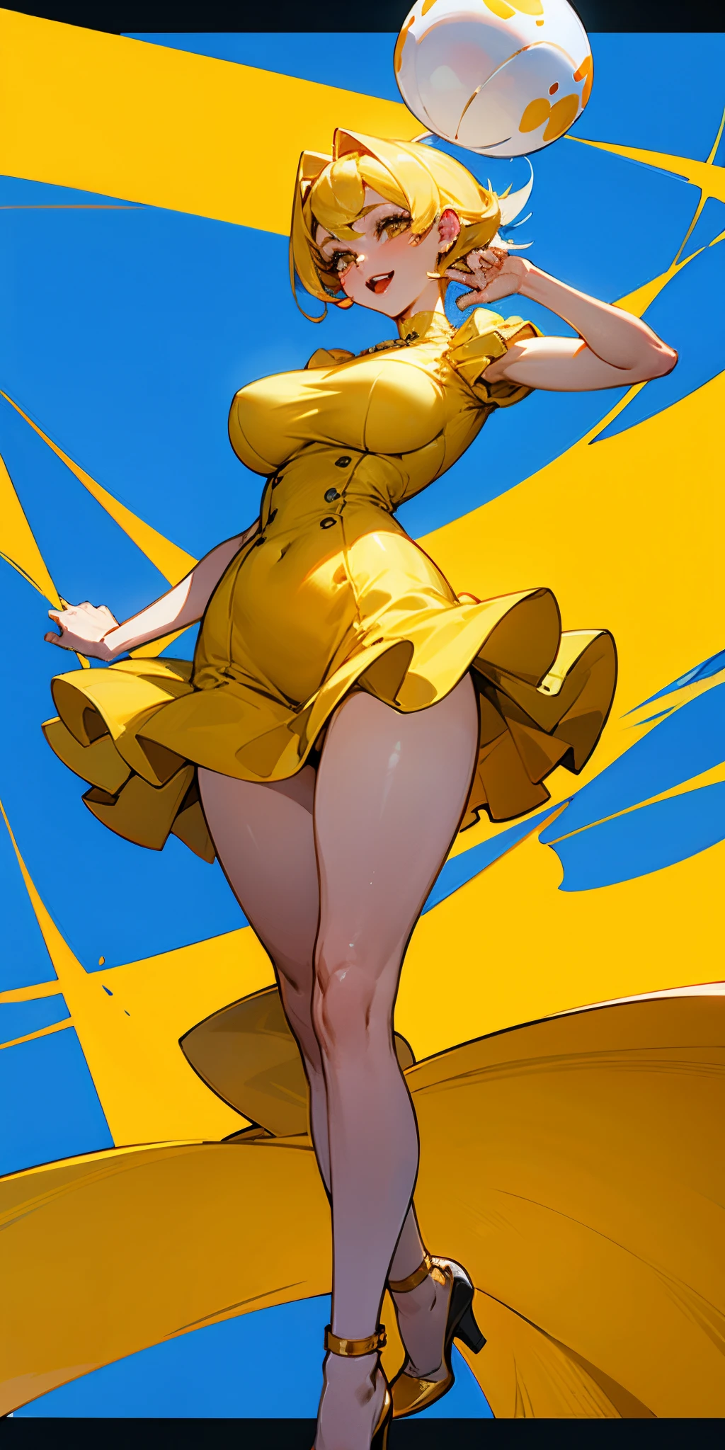 A close up of a woman in a yellow dress holding a frisbee - SeaArt AI