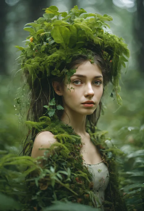 invent a creature, connecting a girl with different plants and flowers, leaves and branches of plants form the body of a girl, p...