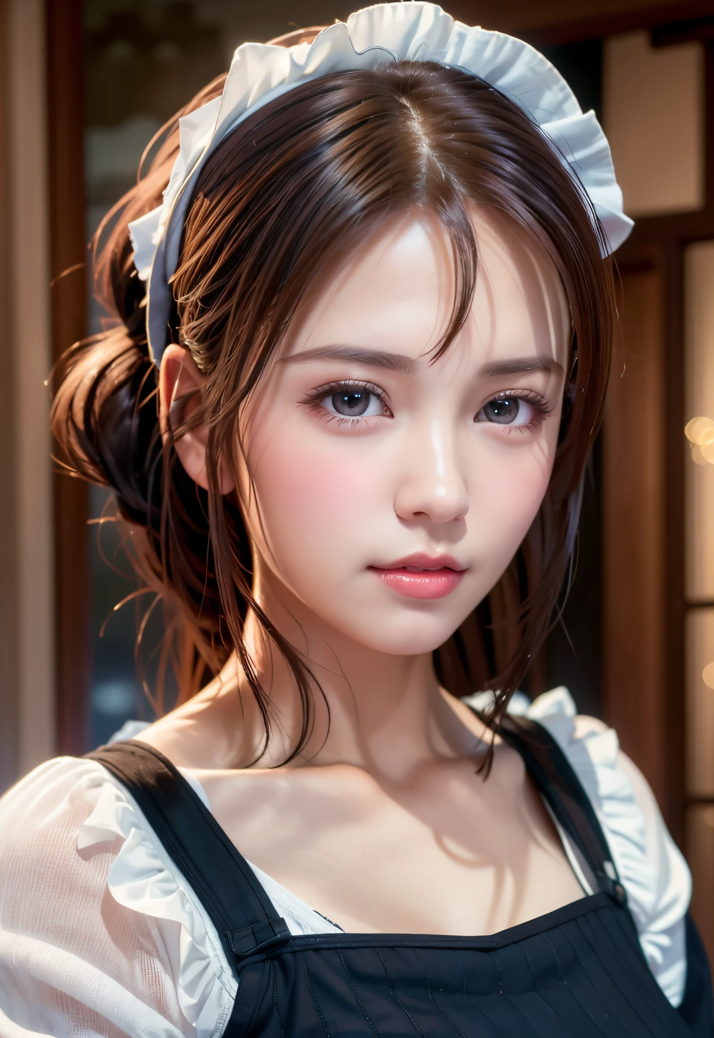 8K, of the highest quality, masutepiece:1.2), (Realistic, Photorealsitic:1.37), of the highest quality, masutepiece, Beautiful young woman, Pensive expression,、A charming、and an inviting look, Cute Maid Clothes, Hair tied back, Cinematic background, Light skin tone