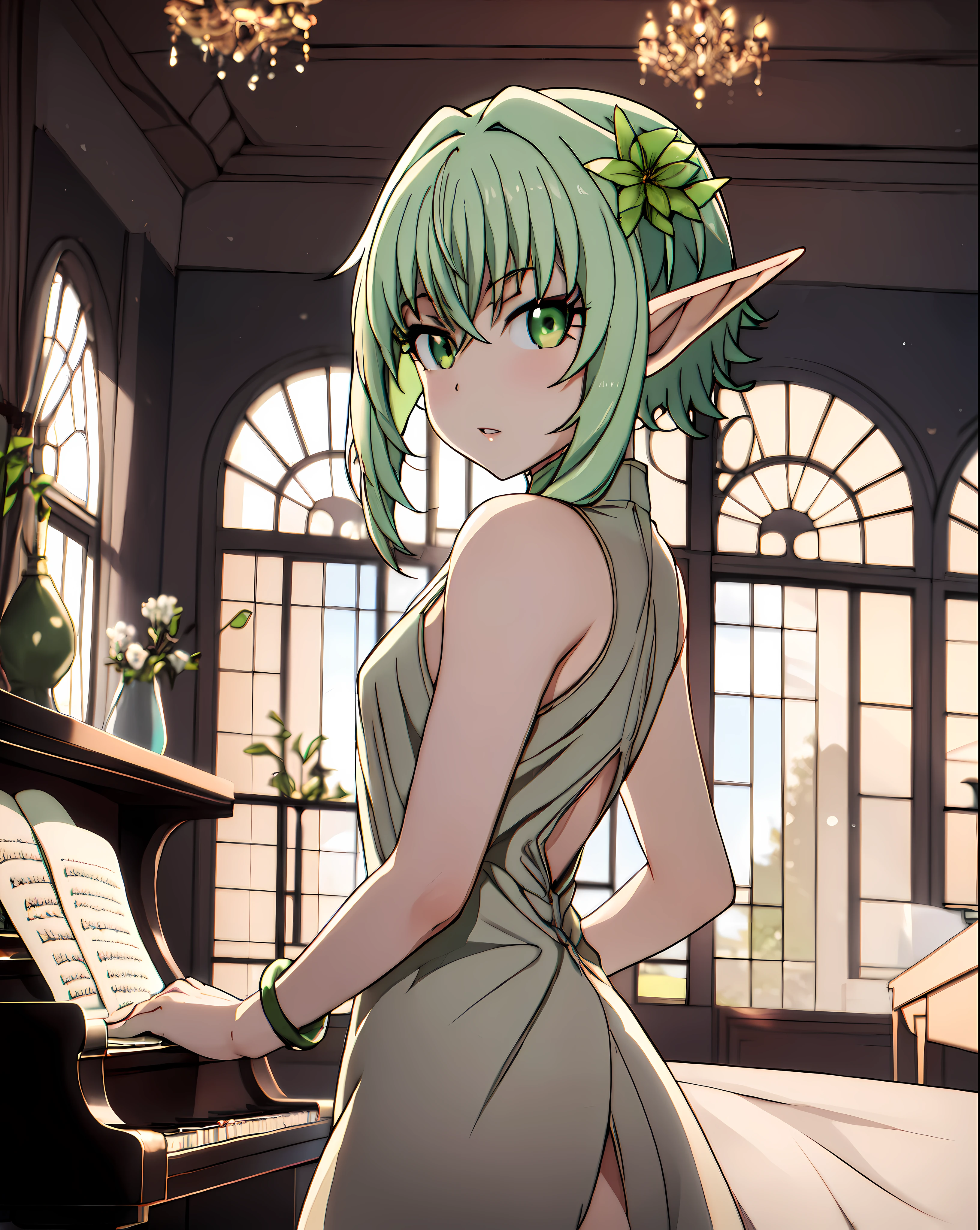 (masterpiece:1.2), (pale skin:1.2), (solo:1.2), (female:1.1), (emphasis lines:1.3), (green hair), parted lips, side bangs, green eyes, bare back, bracelets, bare shoulders, indoor, chandelier, piano, windows, flowers, elf ears, elf