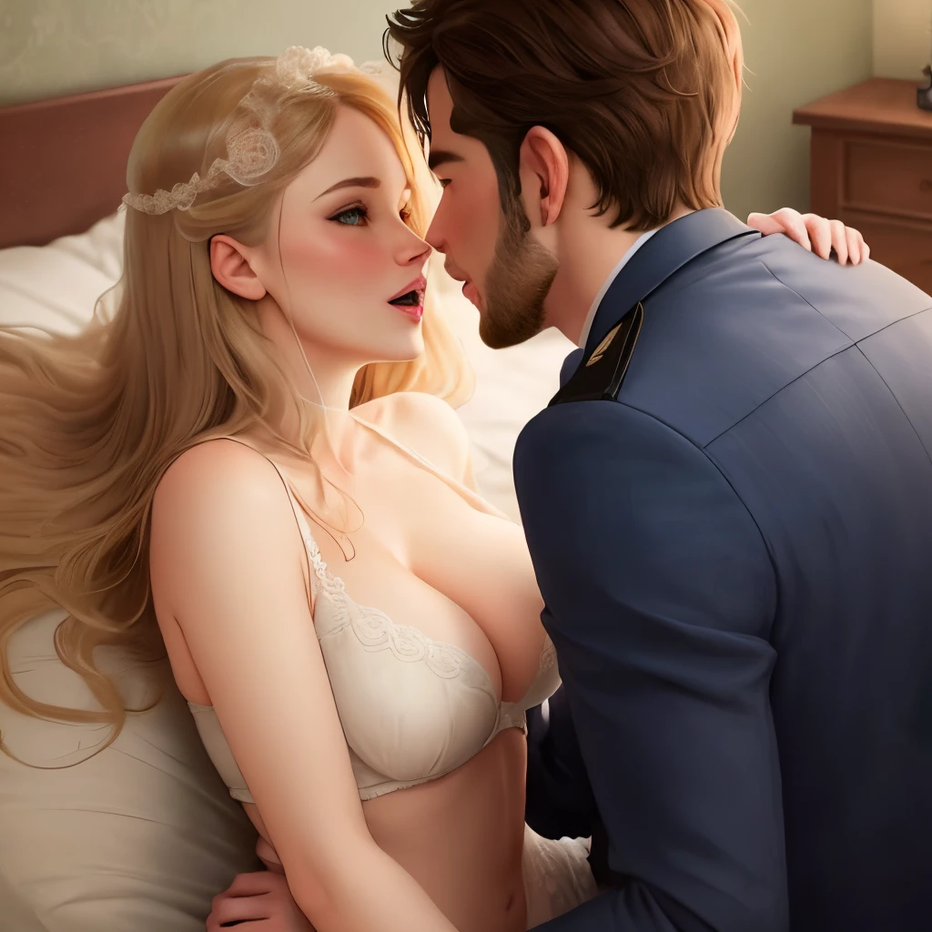 Blond haired woman in a white bra and blue suit kissing a man in a blue  suit - SeaArt AI