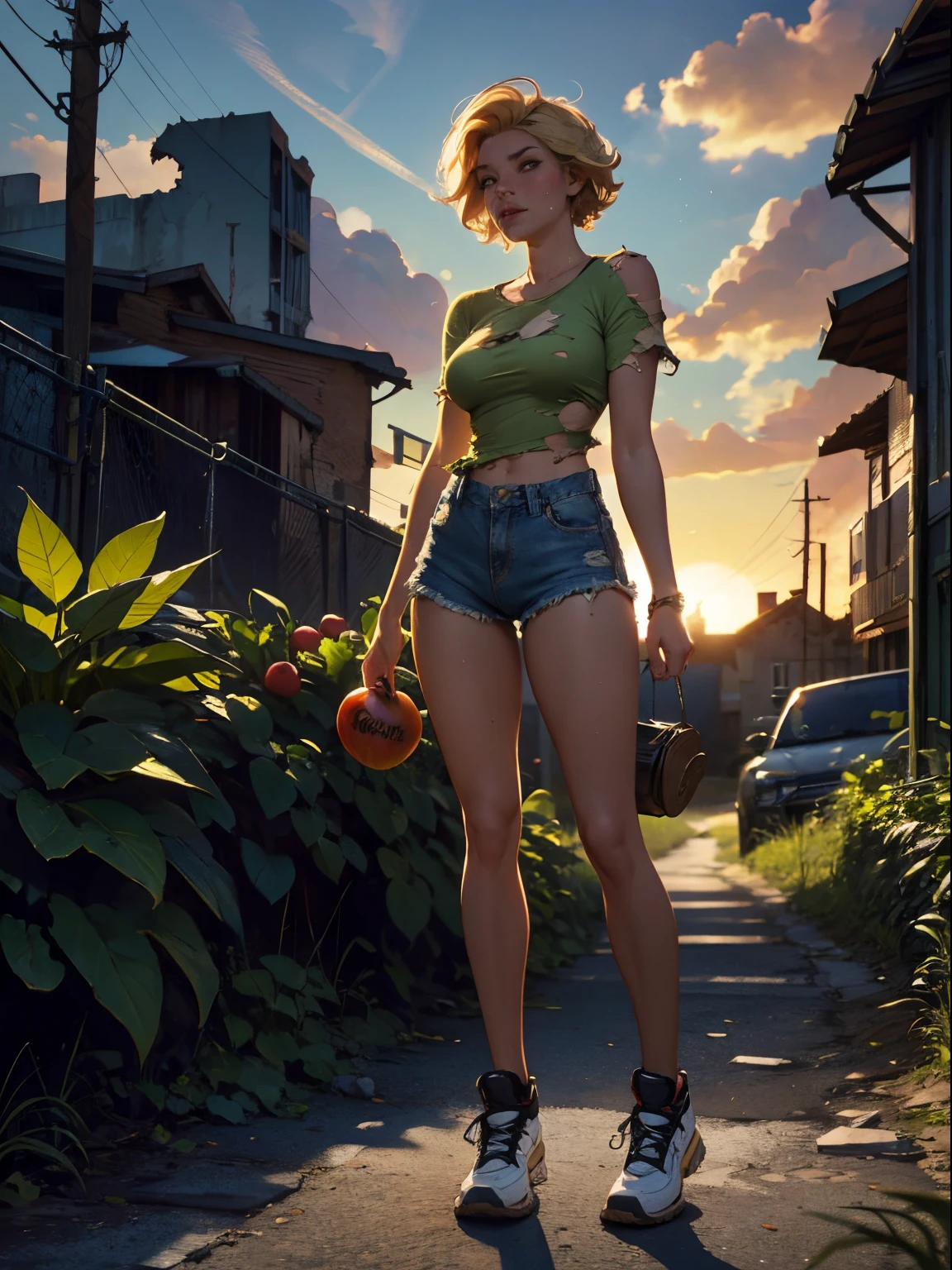 2076 year. The Urban Ruins of the Wasteland, Female huntress picking fruit in the garden, beautiful face, blonde, very torn shirt and denim shorts, shirt in tatters ,  long legs, sweating through, sun rising, Nice warm colors, head to toe full body shot