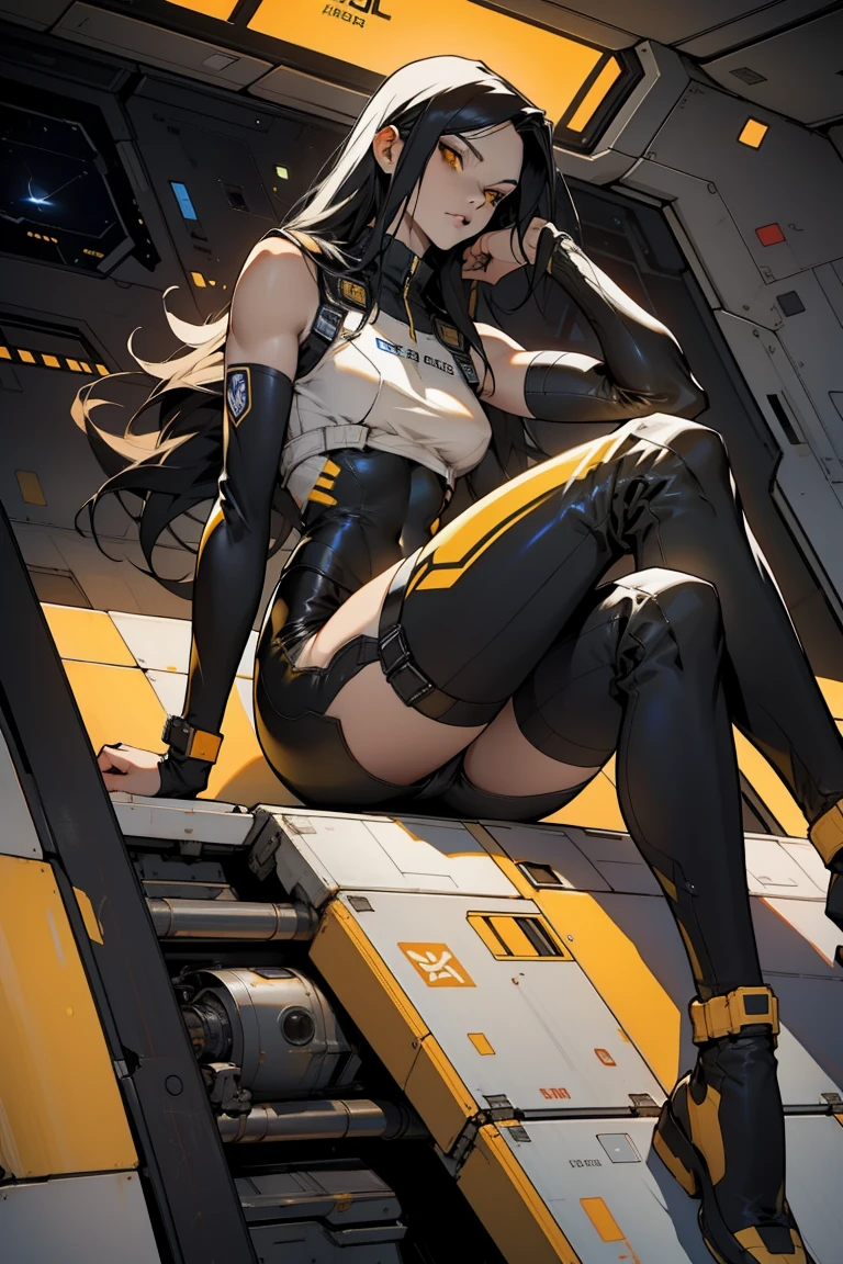 1 girl, black hair, yellow eyes, very long hair, pale skin, fit body, slender body, slim waist, large breasts, (confident expression), pilot suit, thigh gap, bare thighs, sleeveless, show bare legs, fit thighs, sitting in a cockpit of a spacecraft, view from the floor