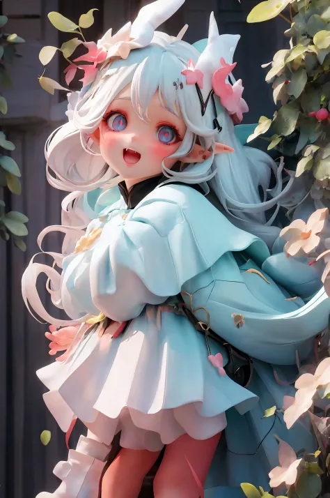great masterpiece，Best quality at best，超高分辨率，8K，clear color rendering，,1 busty girl,white long curly hair，Big blue eyes，elvish ears，laughing joyfully，double good luck，vivd colour，white  clothes，Divine brilliance，It can also be lovely love，wanting，Star Diam...