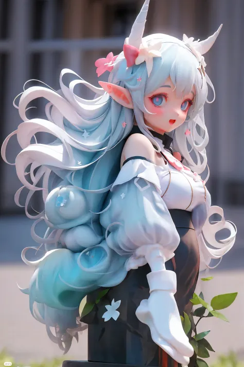 great masterpiece，Best quality at best，超高分辨率，8K，clear color rendering，,1 busty girl,white long curly hair，Big blue eyes，elvish ears，laughing joyfully，double good luck，vivd colour，white  clothes，Divine brilliance，It can also be lovely love，wanting，Star Diam...
