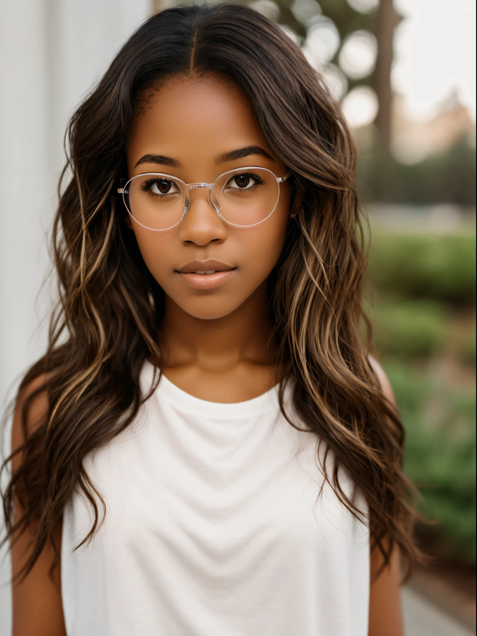 A close up of a woman wearing glasses and a white top - SeaArt AI