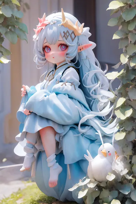 great masterpiece，Best quality at best，超高分辨率，8K，clear color rendering，,1 busty girl,white long curly hair，Big blue eyes，elvish ears，double good luck，vivd colour，white  clothes，Divine brilliance，It can also be lovely love，wanting，Star Diamond，Close-up half-...
