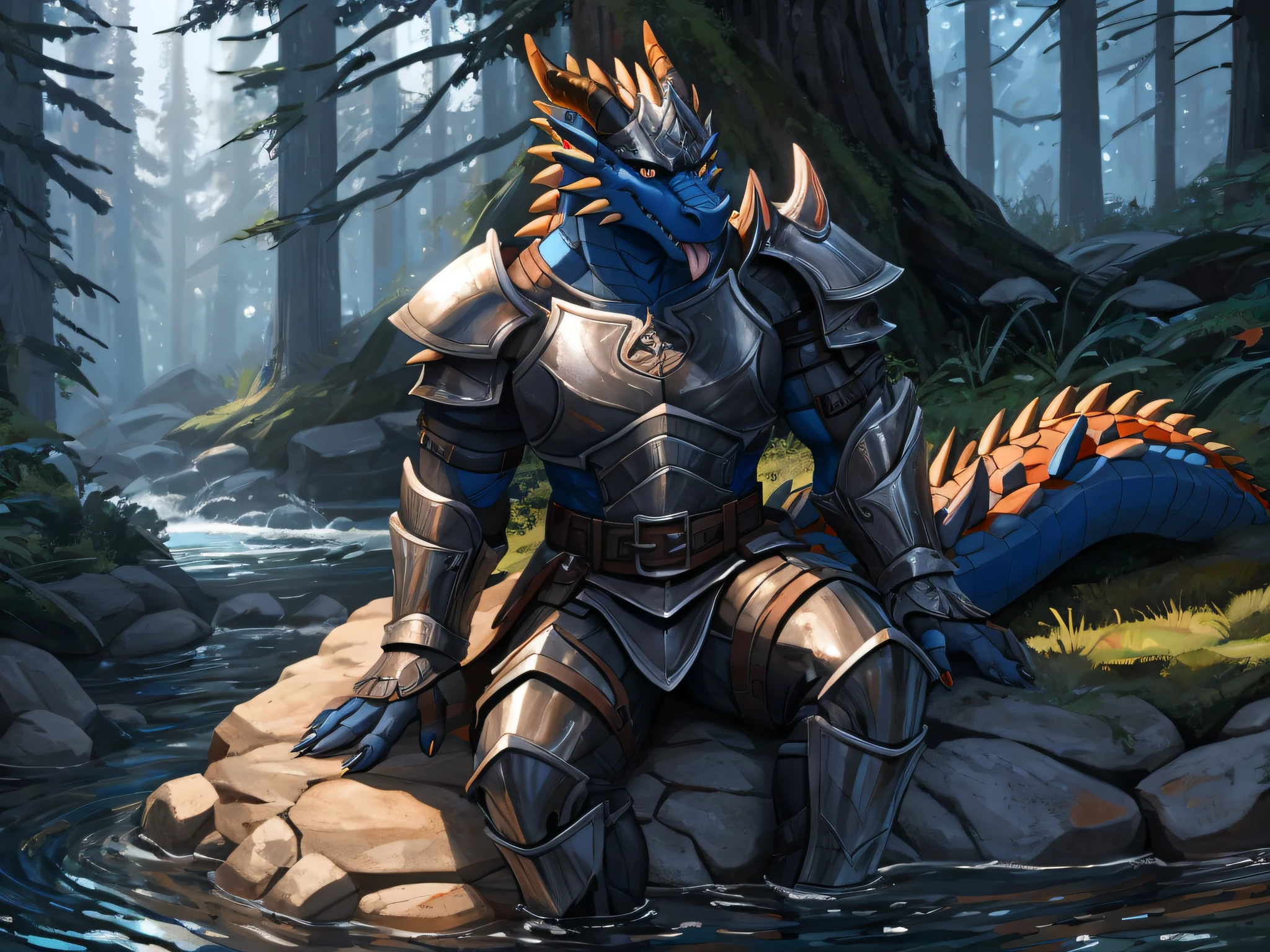 furry,bara,a dragon,masculine,blue skin,timid, Dark orange eyes,Dressed in a shiny black knight outfit..,Sitting on a rock beside a stream in the deep forest..,Turn your head and look straight ahead..,Sticking out your tongue in embarrassment,bitter sharp teeth,10,10,Maximum resolution,Maximum surface resolution