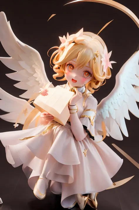 Holy Angel，coiffed blonde hair，gold eyes，Angel aperture，the angel's wings，White gauze dress，It can also be lovely love，laughing joyfully