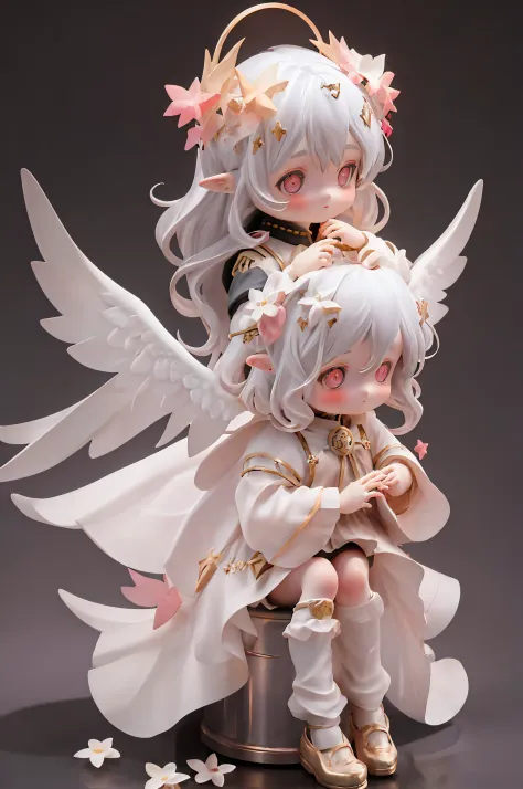 coiffed blonde hair，Silver Eyes，Pink dress，sitting on a stool，Legs up，little wings，Little angels，ultra HD picture quality，SD doll feeling，Cute baby characters，very cute and divine，elvish ears