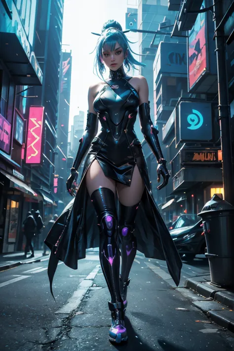 full body woman in cyberpunk cyti walking glowing neon stripes on the dress's boots, vibrant color, cyberpunk style, ultra reali...