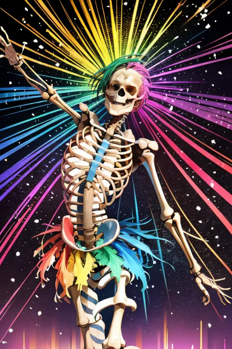 (a colorful, vibrant, rainbow-themed art piece),skeleton,bones, just a skeleton, gay pride,celebration,joyful waving hands,visible rib cage,eye-catching colors,striking visual impact,expressive body language,detailed skeletal structure,confident pose,happy...