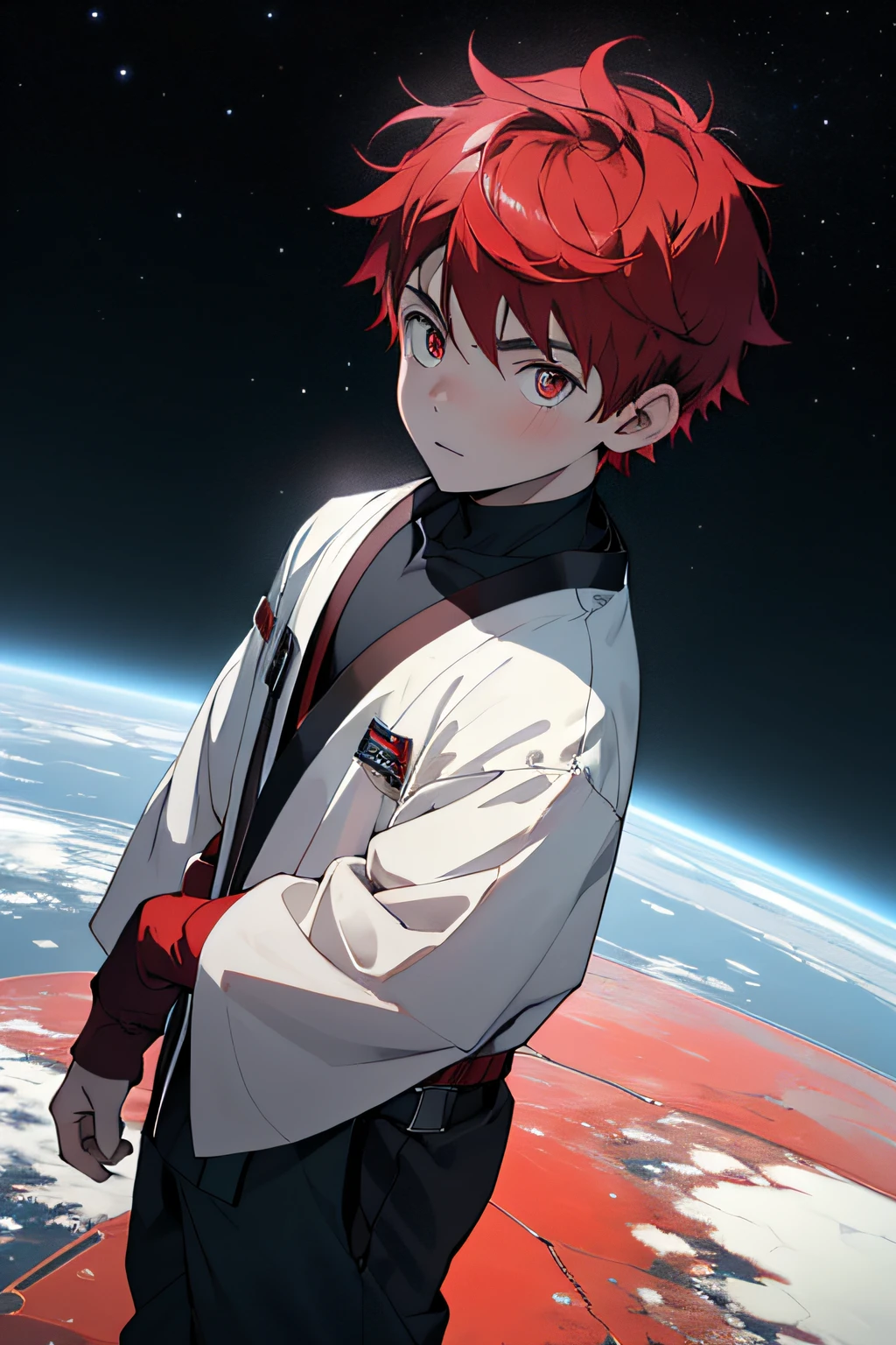 Anime boy with red hair and white shirt standing in front of a planet -  SeaArt AI