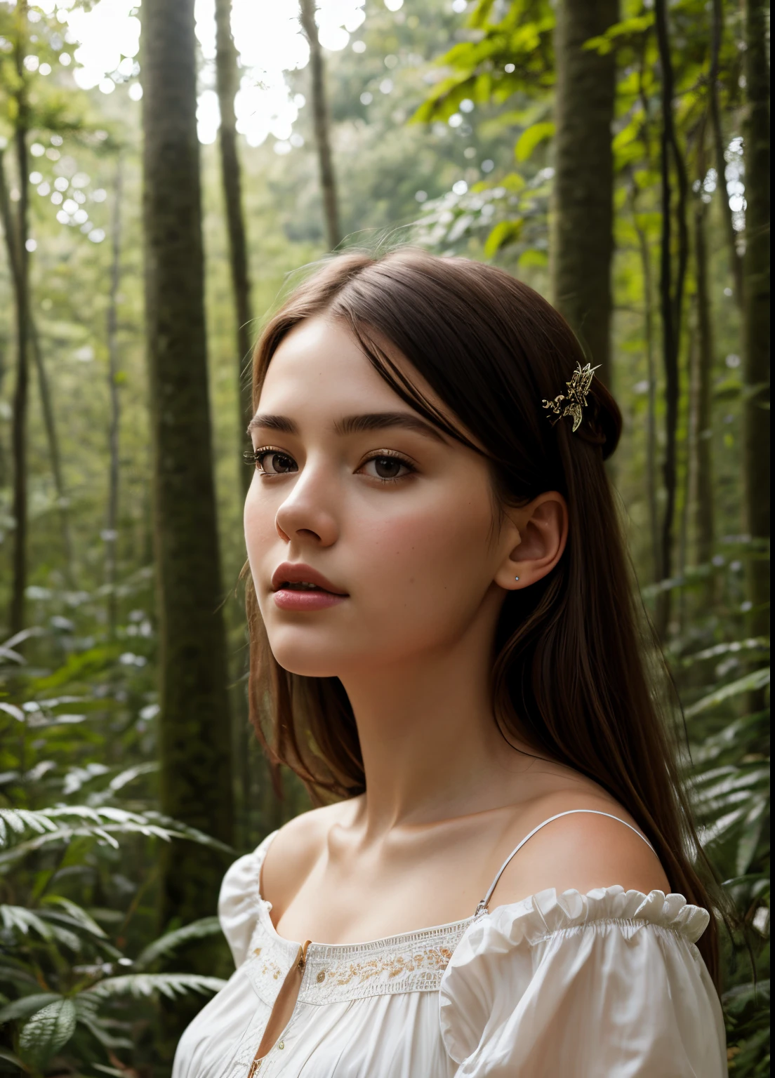 nffsw, 8K resolution, intricate detailes, sophisticated details, depth of fields, Photorealistic, absurd res, Medium portrait of one girl, wearing a puff shoulder blouse, at a forest, thick leaves, Tall trees, peaceful,