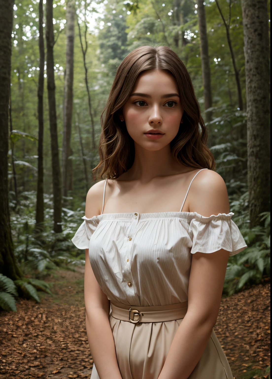 nffsw, 8K resolution, intricate detailes, sophisticated details, depth of fields, Photorealistic, absurd res, Medium portrait of one girl, wearing a puff shoulder blouse, at a forest, thick leaves, Tall trees, peaceful,