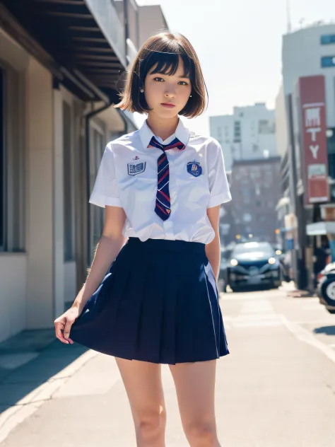 (( 19 year old girl wears high school uniform and high school uniform. :1.3)),(Dynamic Pose),(Skirt floating in the wind), (((Be...