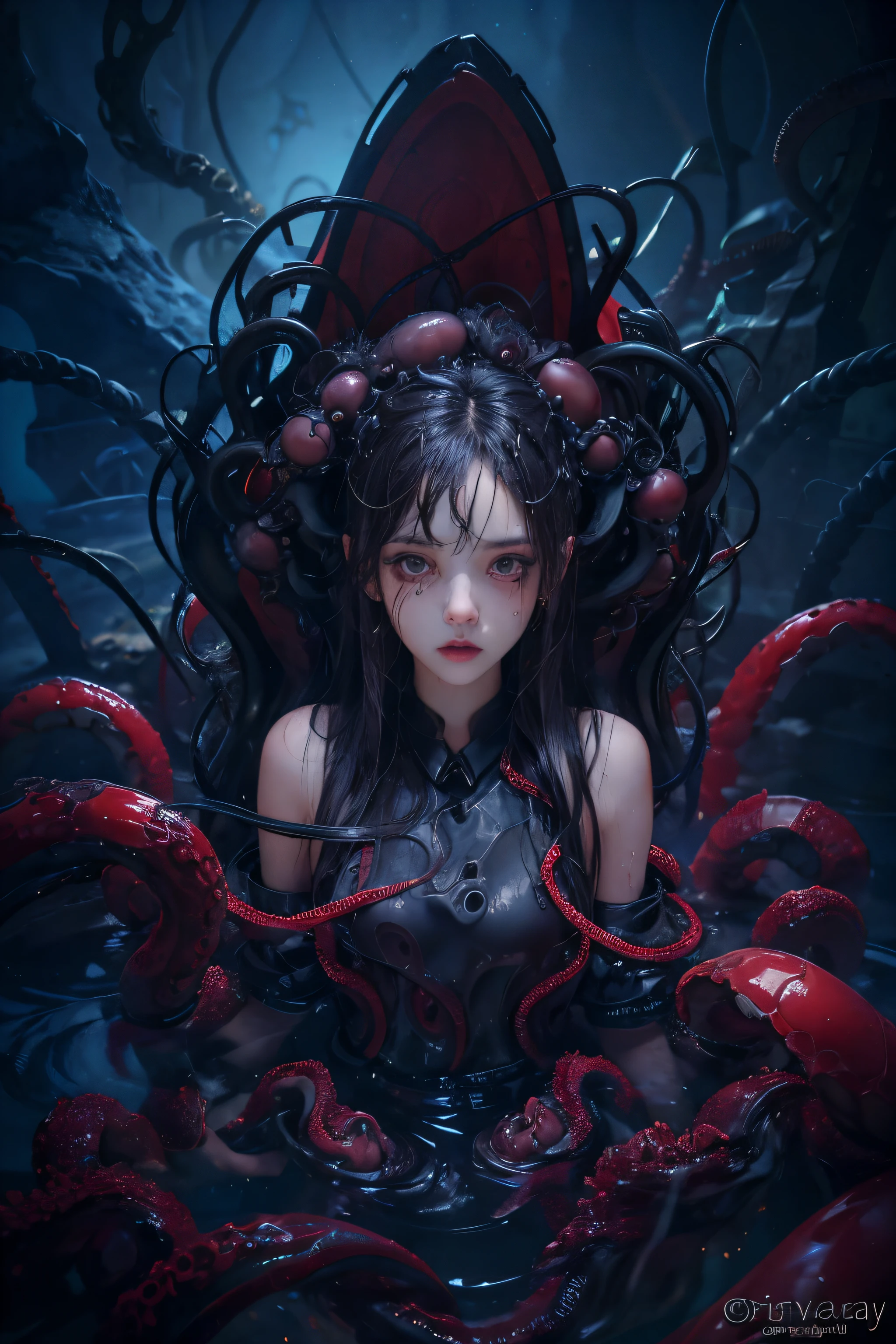 ciel étoilé，tentacules noires et sombres，tentacules tordus tachés de tentacules，Il y a une belle fille allongée à l&#39;intérieur，Le corps est trempé，Visage sans expression，Pur，coquette，Le visage est rouge，