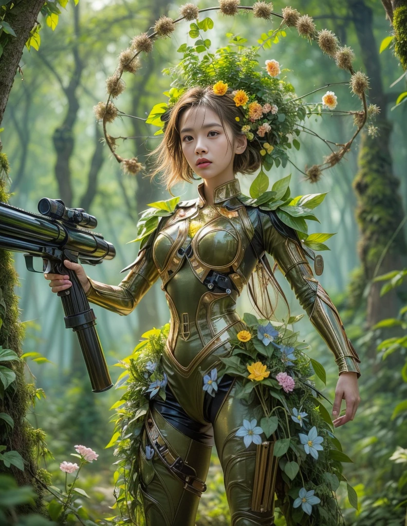 milieu，(Une fille faite de plantes fraîches，Tenir un fusil de sniper mécanique futuriste de science-fiction visant la cible，corps recouvert de plantes à fleurs，branches de fleurs，planter des talons hauts，Cheveux végétaux，Vêtements végétaux），fleurs，arbre séculaire，Dans la forêt，（Illumination globale、Traçage de rayons、HDR、Rendu irréaliste、Conception rationnelle、chef-d&#39;œuvre、meilleure qualité、hyper HD、éclairage cinématique，anatomie correcte，Caractéristiques du visage de belle fille，Structure du visage anatomiquement correcte et précise, Représentation faciale détaillée, et les traits délicats du visage）