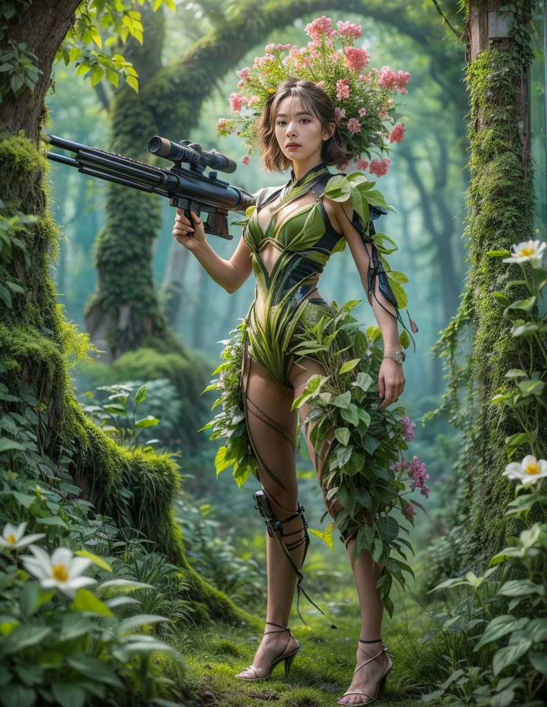 middle，(a girl made of fresh plants，Holding a futuristic sci-fi mechanical sniper gun aiming at the target，body covered with flowering plants，flower limbs，plant high heels，Plant hair，Plant clothes），blossoms，age-old tree，ln the forest，（globalillumination、Ray traching、HDR、Unrealistic rendering、Rational design、tmasterpiece、best qualtiy、hyper HD、cinmatic lighting，anatomy correct，Beautiful girl facial features，Anatomically correct and precise facial structure, detailed facial depiction, and delicate facial features）, BJ_Gundam