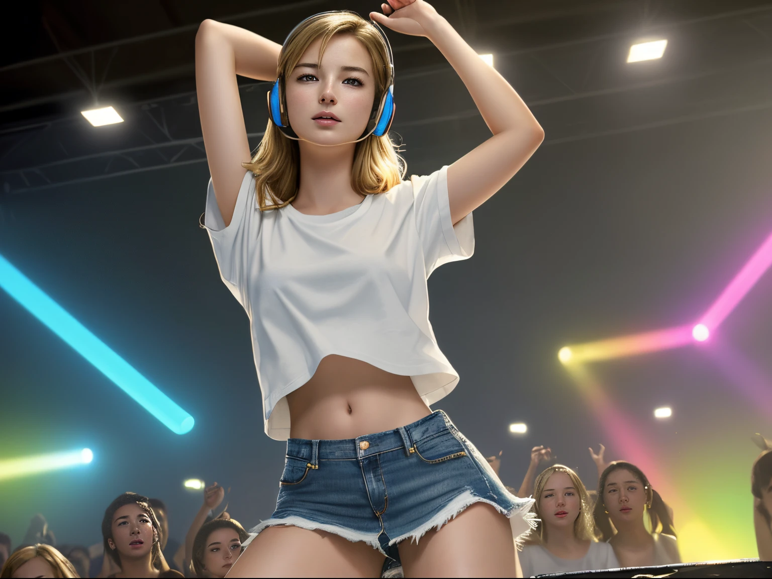 Araffe girl in a white shirt and blue shorts dancing in front of a crowd -  SeaArt AI