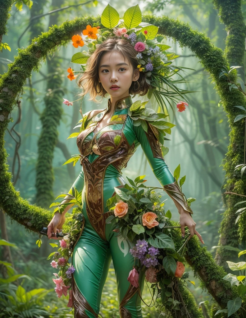 middle，(a girl made of fresh plants，Holding a futuristic sci-fi mechanical sniper gun aiming at the target，body covered with flowering plants，flower limbs，plant high heels，Plant hair，Plant clothes），blossoms，age-old tree，ln the forest，（globalillumination、Ray traching、HDR、Unrealistic rendering、Rational design、tmasterpiece、best qualtiy、hyper HD、cinmatic lighting，anatomy correct，Beautiful girl facial features，Anatomically correct and precise facial structure, detailed facial depiction, and delicate facial features）