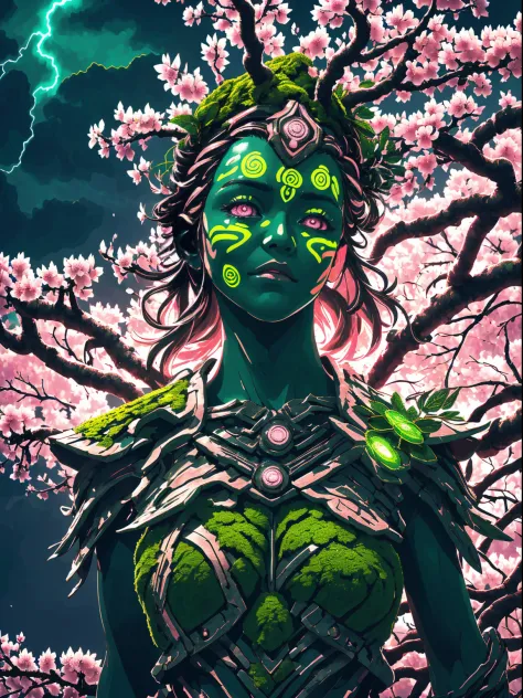 Plant Maiden，metal leaf，Wired branch，glowing light eyes，mechanical bark，bark covered with moss，tribe outfit，majestic figure，(anc...