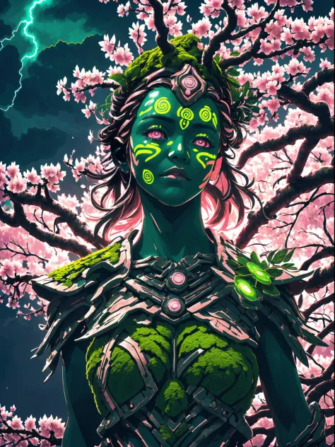 plant maiden，metal leaf，wired branch，glowing light eyes，mechanical bark，bark covered with moss，tribe outfit，majestic figure，(anc...