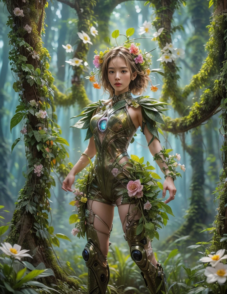 middle，(a girl made of fresh plants，Holding a futuristic sci-fi mechanical sniper gun aiming at the target，body covered with flowering plants，flower limbs，plant high heels，Plant hair，Plant clothes），blossoms，age-old tree，ln the forest，（globalillumination、Ray traching、HDR、Unrealistic rendering、Rational design、tmasterpiece、best qualtiy、hyper HD、cinmatic lighting，anatomy correct，Beautiful girl facial features，Anatomically correct and precise facial structure, detailed facial depiction, and delicate facial features）