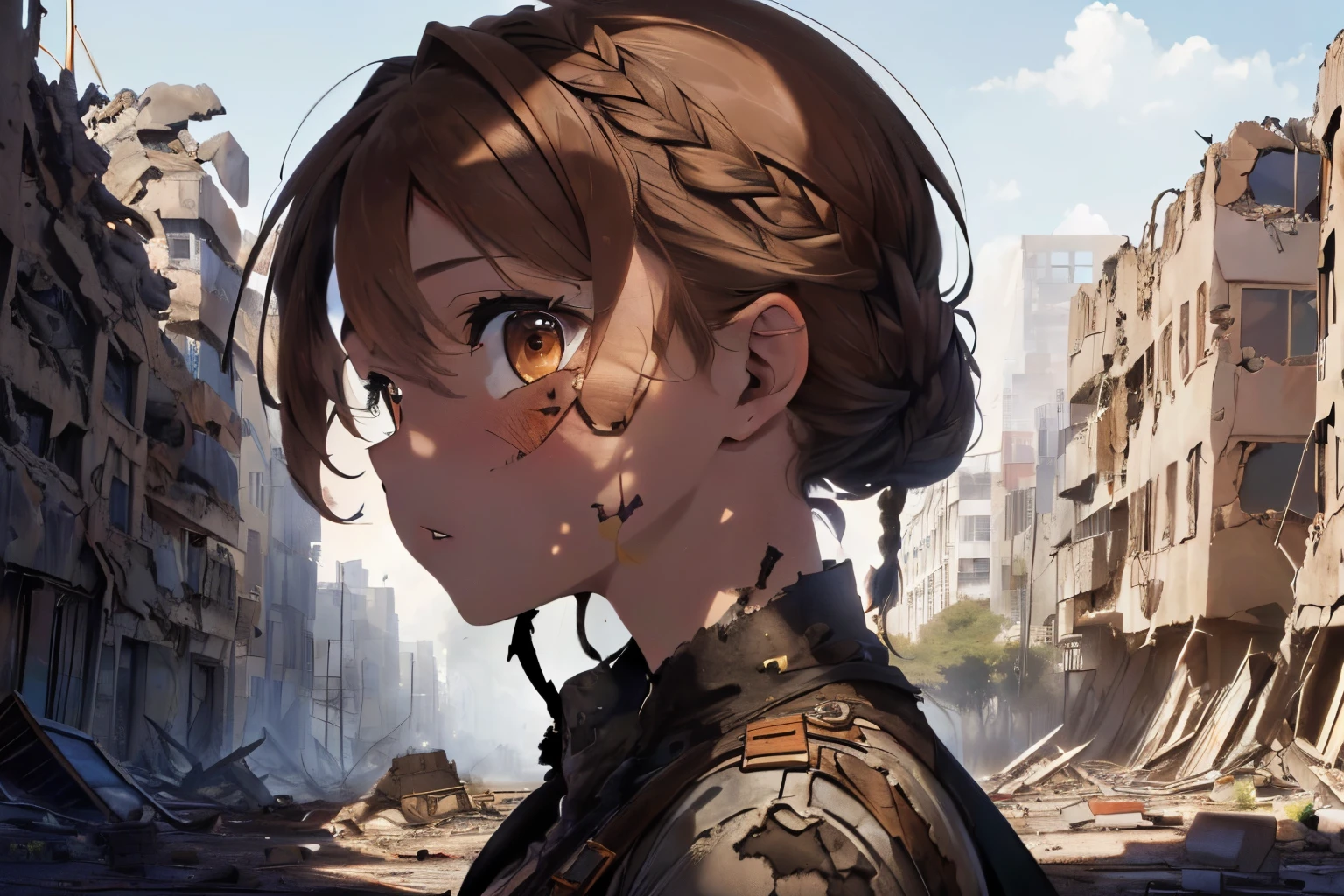 ((A ruined city full of rubble)),(After the war),((Vast landscape full of rubble)),(wearing tattered slave-like clothes),((Brown hair)),(Braided shorthair),((Brown eyes)),((profile)),((Horizontal line of sight)),(Surprised face),((Surprise Mark)),((astonishing)),((I opened my mouth wide in surprise.)),