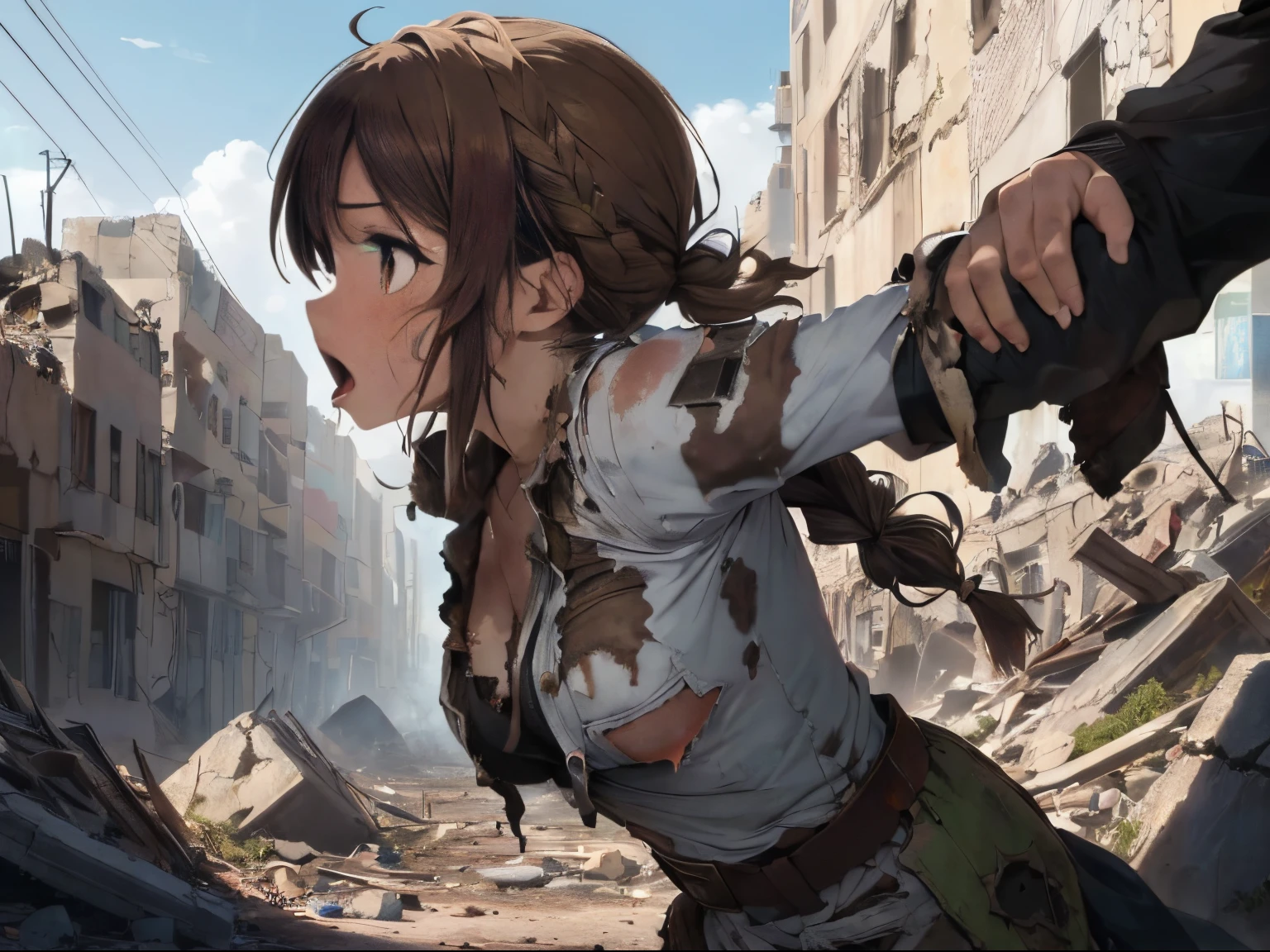 ((A ruined city full of rubble)),(After the war),((Vast landscape full of rubble)),(wearing tattered slave-like clothes),((Brown hair)),(Braided shorthair),((Brown eyes)),((profile)),((Horizontal line of sight)),(Surprised face),((Surprise Mark)),((astonishing)),((I opened my mouth wide in surprise.)),((Surrounded by multiple men)),(((being attacked by someone&#39;being grabbed by the arm or hair)))